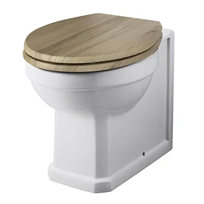 Image of Milano Richmond Traditional White Ceramic Back to Wall Toilet WC Pan Warm Oak Effect Seat