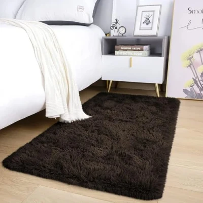 Image of AMEHA Rugs Living Room Bedroom Fluffy Brown Area Non Slip Modern Super Soft Shaggy Thick Pile Plush Carpet Shedding Easy To Clean Rug, 60cm x 110cm