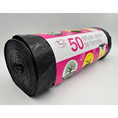 Image of TidyZ 50 Refuse Sacks with TIE HANDLES 50L Capacity Made 100% RECYCLED PLASTIC Tear Resistant Leakproof