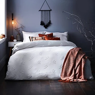 Image of The Linen Yard Friendly Ghost Tufted Duvet Cover Set White Cotton Size Double