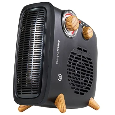 Image of Russell Hobbs 1800W/1.8KW Electric Heater, Retro Horizontal/Vertical Fan Heater Scandi Wood Effect in Black with Adjustable Thermostat, 2 Heat Settings, 20m² Room Size, Dial Control, RHRETHFH1001WDB