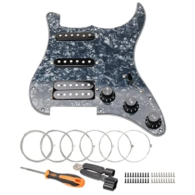 Image of Unxuey Electric Guitar Pickguard 3 ply SSH Loaded Prewired Humbucker Scratchplate Backplate Set for Guitar, Black Pearl, with Alnico Pickups,Guitar Strings and Installation Tool