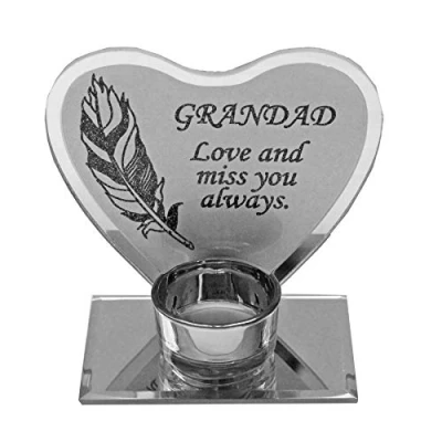 Image of Widdle Gifts Ltd Feather Design Memorial Glass Heart Tea Light Plaque Grandad