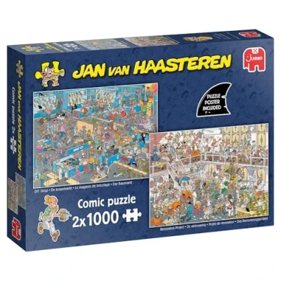 Image of Jan Van Haasteren DIY Shop &amp; Renovation Project 2 x 1000 Piece Adults Puzzle Set of Large Jigsaw for 100% Recycled Cardboard 1000Pc Comic Poster 68 49cm