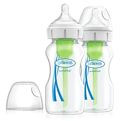 Image of Dr Brown&#039;s Natural Flow Anti Colic Options+ Wide Neck Baby Bottle, 9oz/270ml, with Level 1 Teat, 2 Pack