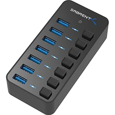 Image of SABRENT USB Hub, 7 Ports 3.2x1 36W, Fast Powered 3 Data Multiple Splitter, Docking Station, Multiport Hubs, LEDs On/Of Switch, for PC Laptop MacBook iMac (HB BUP7)