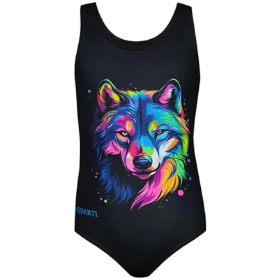 Image of Aquarti Girls&#039; One Piece Swimsuit with Open Back Print, Wolf/Black, 152
