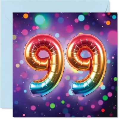 Image of 99th Birthday Cards for Women Men Rainbow Foil Balloon Happy Card 99 Year Old Woman Man Nan Grandma Nanny Auntie, 145mm Bday Greeting