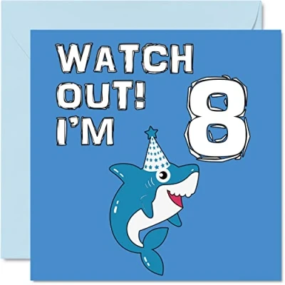 Image of 8th Birthday Card Boy Shark Watch Out Happy 8 Year Old Boy, Boys Cards for Him, 145mm x Greeting Son Brother Grandson Nephew Cousin God Eighth