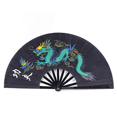 Image of Chinese Fan Tai Chi Kung Fu Bamboo Folding With 1 Dragon Design (Black)