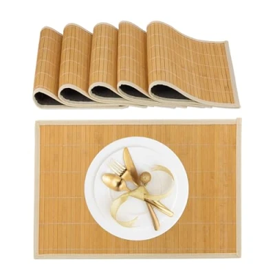 Image of Relaxdays Set of 6 Bamboo, Non Slip Fabric Edge, 45 x 30 cm, Plate, Dining Table, Square Place mat, Cream, 90% 10% Polyester