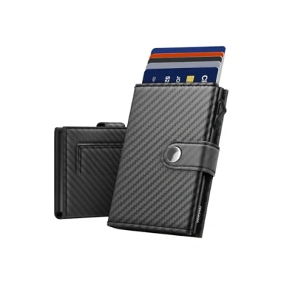 Image of YESIIW Credit Card Holders Wallets for Men RFID Blocking Leather Minimalist Smart Pop Up Trifold Wallet with Magnetic Coin Pocket, Button Closure, Holds to 9 Cards, 2 ID Window(Carbon Fiber)