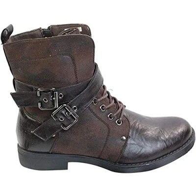 Image of Mens Punk Rock Goth Elmo Ankle Boots Brown Black Leather Buckle, Brown, 8