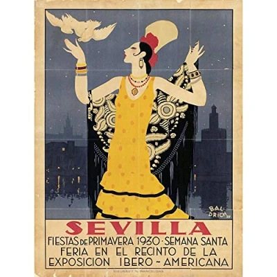 Image of Wee Blue Coo Travel Tourism Seville Spain American Festival Woman Bird Art Print Poster Wall Decor 12X16 Inch