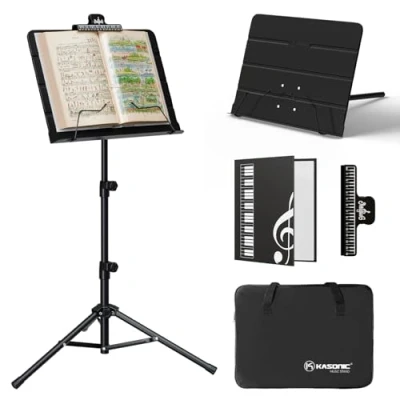 Image of K Kasonic Foldable Music Stand, 2 in 1 Collapsible Stand with Sheet Folder, Portable Book Set for Performances, Tripod Musical Needs, Black