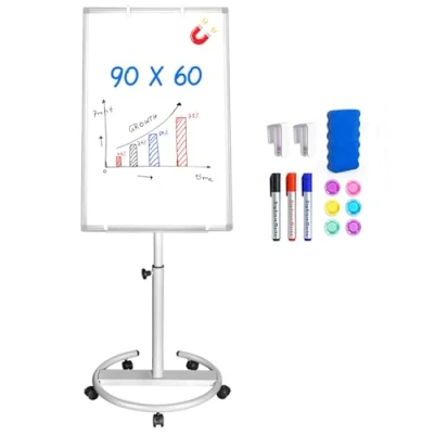 Image of maxtek Flip Chart Stands Mobile Whiteboard 90 x 60 CM, Magnetic Dry Erase Board Stand Easel White Standing Height Adjustable (White)