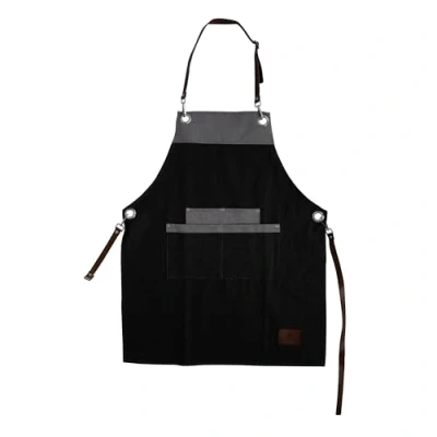 Image of BO877000 Barbary &amp; Oak Denim Apron with Leather Details, Adjustable Straps, 4 Pockets, Blue