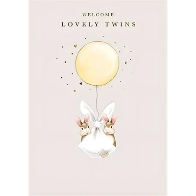 Image of New Baby Twins Birth Congratulations Card Bunny Bundle and Balloon with Foil Details Eco Friendly Recyclable by Paper House