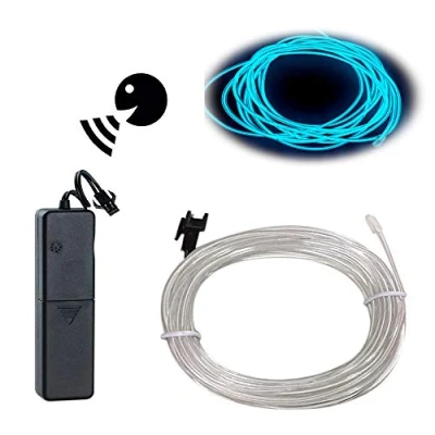 Image of EL Wire Ice Blue, Sounds Control/Constant Light/Flash 9ft Neon Lights Glowing Strobing Electroluminescent with Battery Operated for Parties, Halloween, DIY Decoration