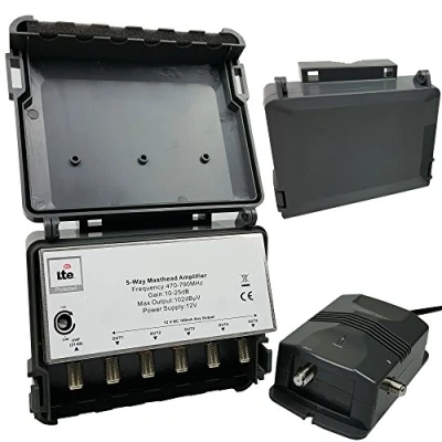 Image of 5 Port Outdoor Masthead Amp Way Output Aerial Amplifier &amp; Power Supply Unit (PSU) F Type Signal Splitter Booster Box DC 4G LTE Digital TV Home Loops