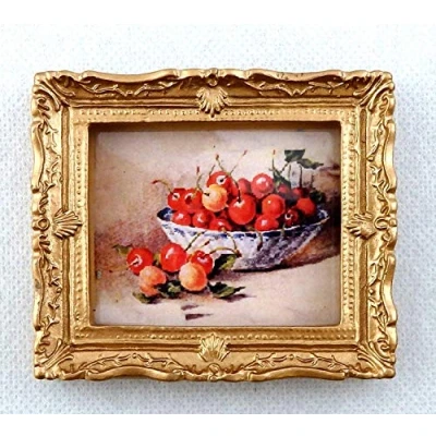 Image of Melody Jane Dolls House Miniature Bowl of Cherries Picture Painting Gold Frame