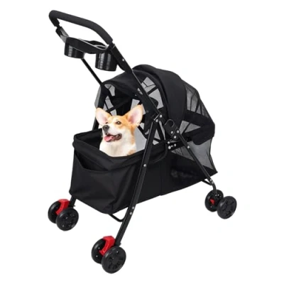 Image of Foldable Pet Stroller Dog Pram, Lightweight Mesh Four Wheel Cat Carrier with Cup Holder, Portable Pushchair for Small Medium Dogs Puppy Cats, Travel Pram Outdoor Black