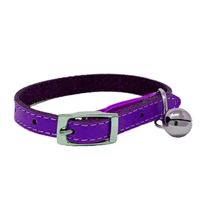 Image of Cat Collar Real Leather with Safety Elastic, Bell, Available (Purple)