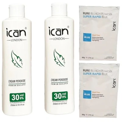 Image of ICAN LONDON CREAM PEROXIDE 30 VOL 9% 250ML x 2 + RAPID BLUE POWDER BLEACH 80G SET