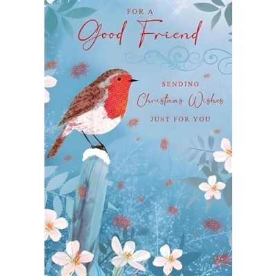 Image of Friend Christmas Card For a Good Robin and Winter Flowers Artistic Festive Design Special Finish Illustrated Insert Leaf Made in the UK Eco Friendly
