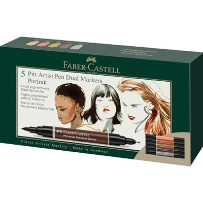 Image of Faber Castell Pitt Artist Pen Dual Marker, Portrait Wallet of 5, Coloured Marker Pens, Drawing, Home Office, Art, Colouring