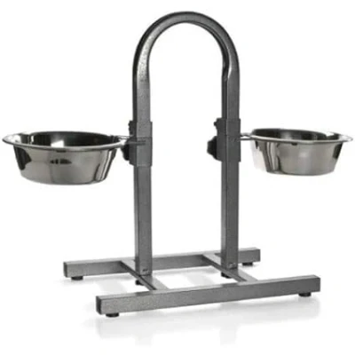 Image of Dog Elevated Food Bowl Holder Set Cat &amp; Feeding Station Stand Nonslip, Adjustable Height Double Feeder 2 Stainless Steel Water Bowls for Pet (Large (U Shaped))