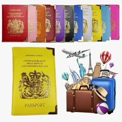 Image of AlezyB British Passport Holder, Portable Wallet Case Organiser for Men, Women, PU Leather Cover Travel, Business Cards, Credit Cards and Boarding Passes (Yellow)
