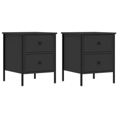 Image of vidaXL Bedside Cabinets Pair of Black Industrial Style Side Tables with Drawers, Engineered Wood and Iron Material, Bedroom Furniture