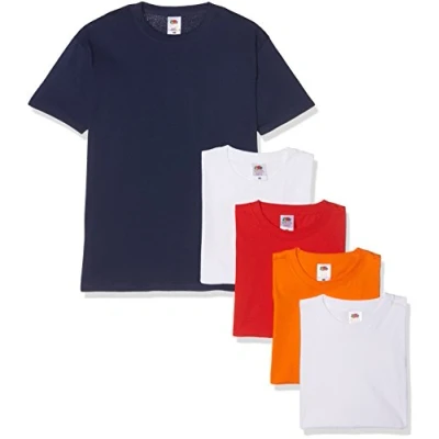 Image of Fruit of the Loom Men&#039;s Heavy T Shirt Pack 5, White/White/Orange/Red/Navy, Large