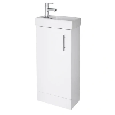 Image of NUIE NVX192 Vault Modern Bathroom Single Soft Close Door Floor Standing Vanity Unit with 1 Tap Hole Ceramic Basin, 400mm, Gloss White, H: 781mm, W, D: 222mm, Set of 2 Pieces