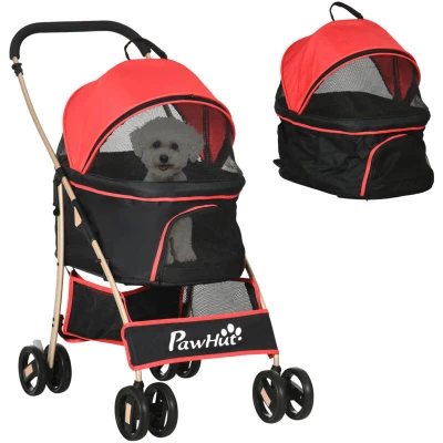 Image of PawHut Dog Pram Stroller 3 in 1 Pet Pushchair Detachable Design with Universal Wheels, Brake for Small Miniature Dogs Red