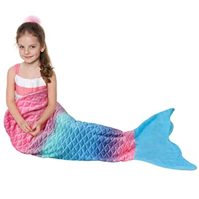 Image of Catalonia Classy Mermaid Tail Blanket, Soft Warm Plush Fleece Sleeping Bag Snuggle Blanket for Teens 155 x 48 cm (61&quot; 19&quot;) Rainbow Ombre, Fish Scale Pattern