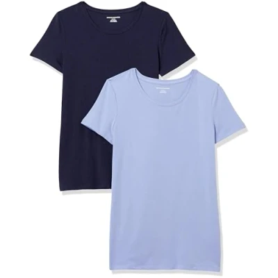 Image of Amazon Essentials Women&#039;s Classic Fit Short Sleeve Crewneck T Shirt, Pack of 2, Navy/Purple, M