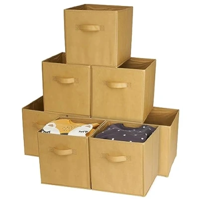 Image of MATANA 8 Pack Foldable Fabric Cube Storage Boxes, Canvas Unit for Baby Clothes, Home and Wardrobe Organisers Khaki, 27.5cm x 28cm