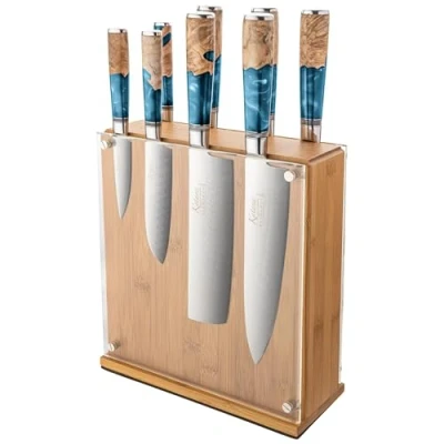 Image of Katana Saya Elements 9 Piece Kitchen Knife Block Set, Ocean Blue, VG 10 Damascus Steel with Olivewood and Resin Handle (KEB 900/9B)