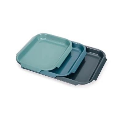Image of Joseph Nest™ Bake 3 Piece Non Stick Baking Tray Set, Carbon Steel, Easy Pull Handles, Stackable, Space Saving Design, 10 Year Guarantee