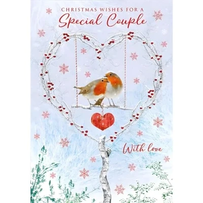 Image of Special Couple Christmas Card Robins and Snowy Wreath Artistic Festive Design Finish Illustrated Insert Leaf Made in the UK Eco Friendly