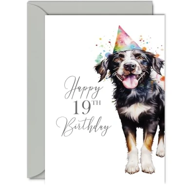 Image of 19th Birthday Cards for Women Men Party Dog Happy Card 19 Year Old Woman Man Sister Brother Daughter Son Auntie Uncle Cousin, A5 Bday Greeting