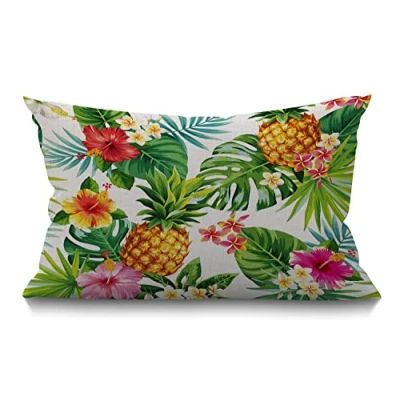 Image of BGBDEIA Leaf Cushion Cover 12x20 Inch Hawaiian Pineapples Tropical Palm Leaves Flowers Rectangle Pillow Cases Home Decorative Cotton Linen Throw for Bed Sofa Green Yellow Pink 30x50 cm