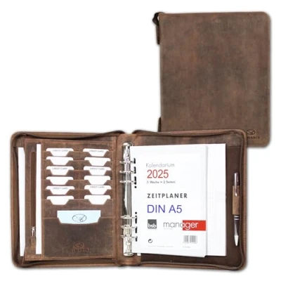 Image of ALMADIH Leather A5 Organizer with Rings, Zipper, Calendar 2024 + Writing Pad from Premium Cow brown vintage Personal Planner Conference Folder System Ring Binder Portfolio Folio Workbook Datebook Schedule Diary Organiser Sleeve Document CV