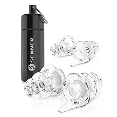 Image of SENNER MusicPro Reusable Hearing Protection Earplugs for Concert, Festival, Music and Club with Aluminium Container, Especially Light Ear Protectors to wear (tall black box transparent filter)