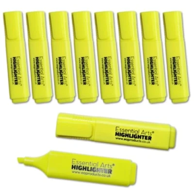 Image of Essential Arts Square Yellow Highlighter Pen Pack of 10 Chisel Tip Fluorescent Highlight Marker Pens for Office, School Art and Business