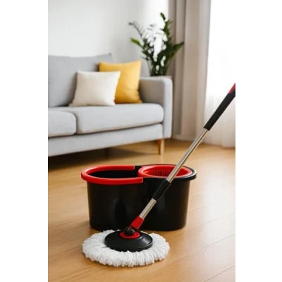 Image of Spin Mop Bucket Set with 2 Microfibre Heads for 360 Degree Cleaning (BLACK)