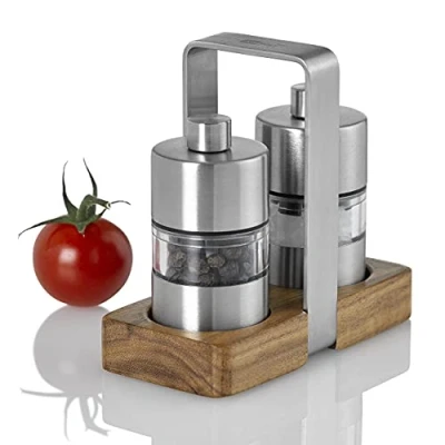 Image of AdHoc Menage Mini Salt and Pepper Mill Set with Tray, Adjustable Coarseness, Ceramic Grinding Mechanism, 6cm, Stainless Steel/Acrylic/Acacia Wood, Ideal for Picnics