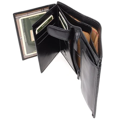 Image of VISCONTI Men&#039;s Large Trifold Leather Wallet RFID Protected 11 Credit Card Slots, Note Section &amp; Coin Pocket Gift Boxed MZ3 Milan Black